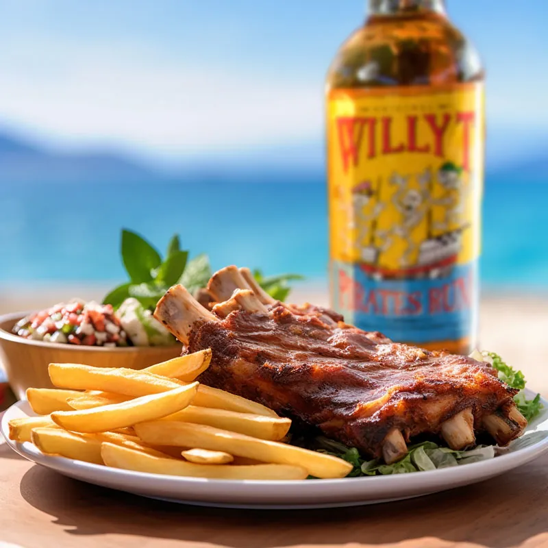Baby back BBQ pork ribs and fries, served with Willy T's own Pirate's Rum